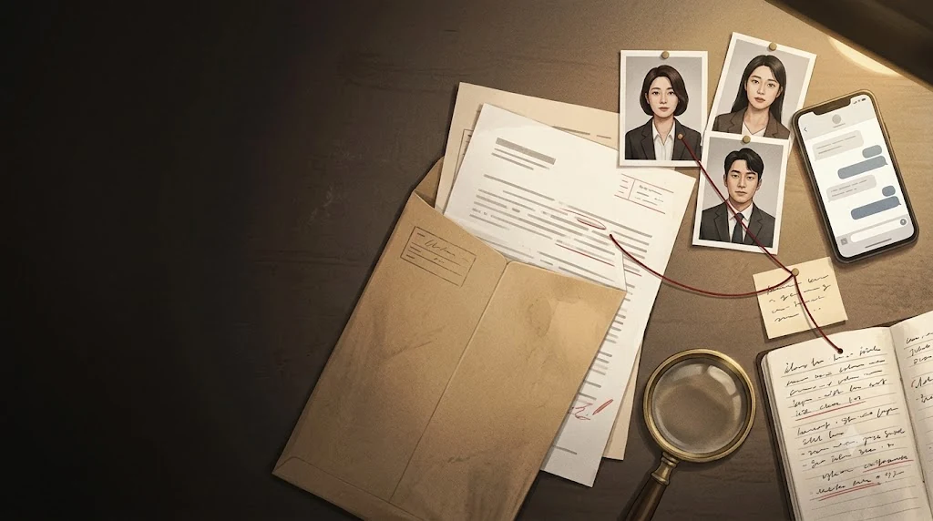 An open case envelope, suspect portraits, a phone, and a detective’s notebook on a warmly lit desk