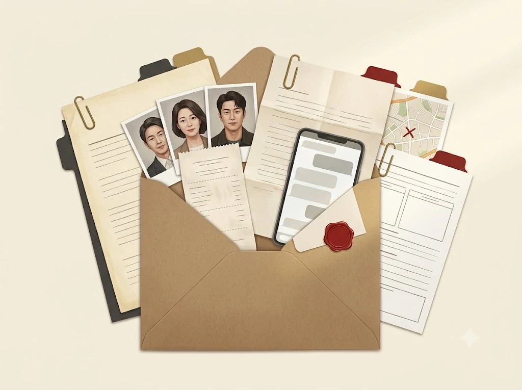 Illustrated case envelope containing portraits, a receipt, messages, and a map