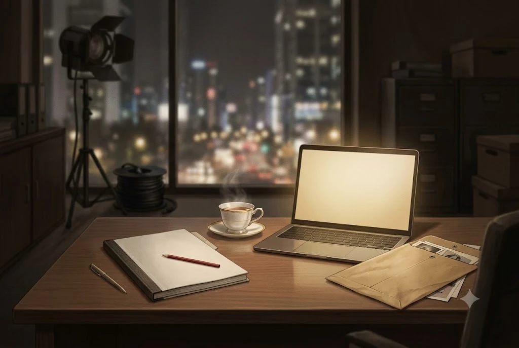 A director’s office at night, with a script, teacup, laptop, and evidence envelope
